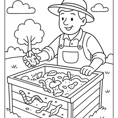 Farmer Using Compost Bin With Earthworms And Organic Waste