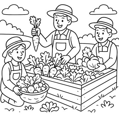 Farmers Harvesting Fresh Vegetables From Raised Garden Beds