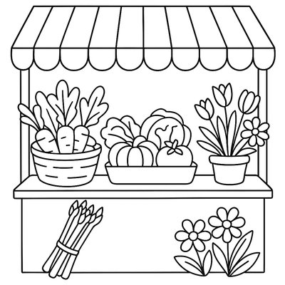 Farmers Market Stall With Fresh Spring Vegetables And Flowers