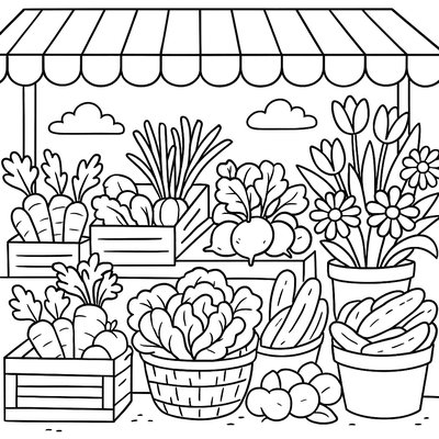 Farmers Market With Fresh Spring Vegetables And Flowers