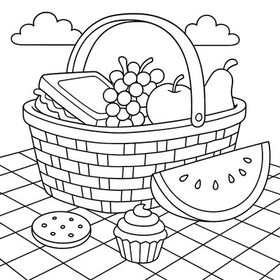 A Picnic Basket With Sandwiches And Fruit On Checkered Blanket
