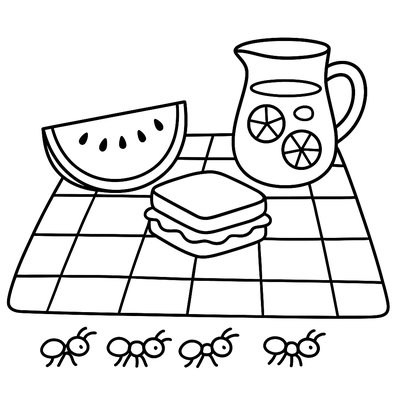 An Elaborate Summer Picnic Blanket Spread With A Watermelon, Sandwiches, A Pitcher Of Lemonade, And Ants Marching Nearby