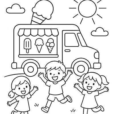 Ice Cream Truck Surrounded By Happy Children In Summer