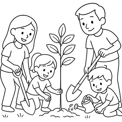 A Family Planting A Young Tree Together With Shovels And Watering Can