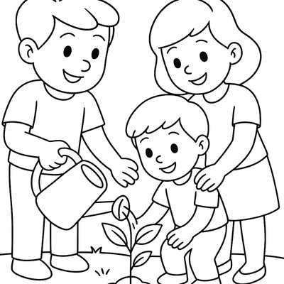 A Family Watering A Newly Planted Sapling