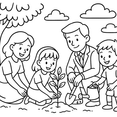Children And Adults Planting A Sapling In A Ceremony
