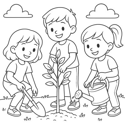Children Planting A Small Tree Together With Shovels And Watering Cans