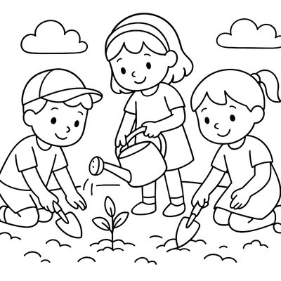 Children Planting Saplings With Gardening Tools And Watering Cans