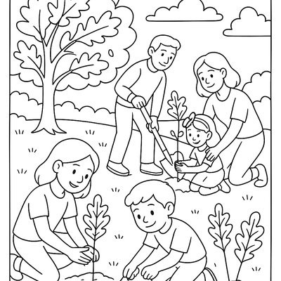 Families Planting Oak Saplings In A Community Park