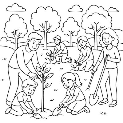 Families Planting Trees Together In A Community Park
