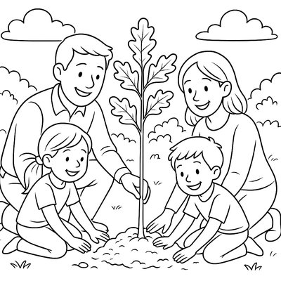Family Gathering Around A Newly Planted Oak Sapling