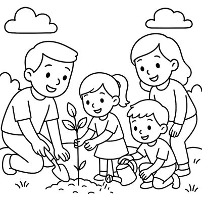 Family Planting Sapling With Gardening Tools