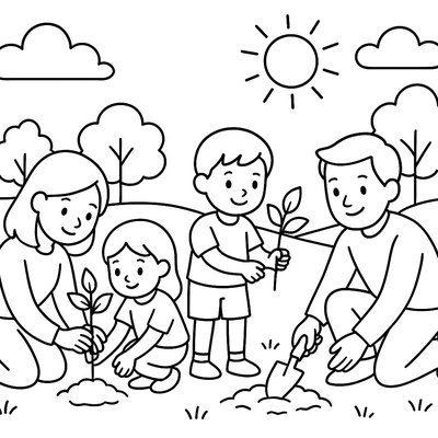 Family Planting Tree Saplings In Park