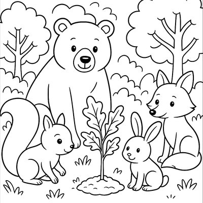 Forest Animals Gathering Around A Newly Planted Oak Sapling