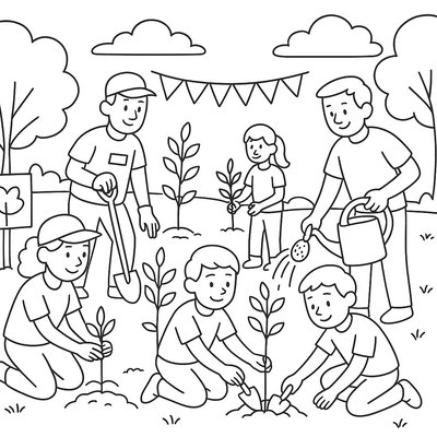 Volunteers Planting Trees In A Community Park Ceremony