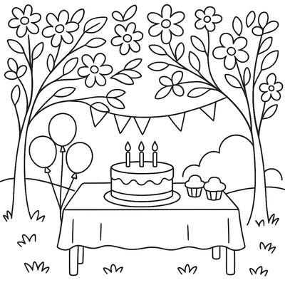 Outdoor Birthday Party With Cake Table Under Flowering Trees