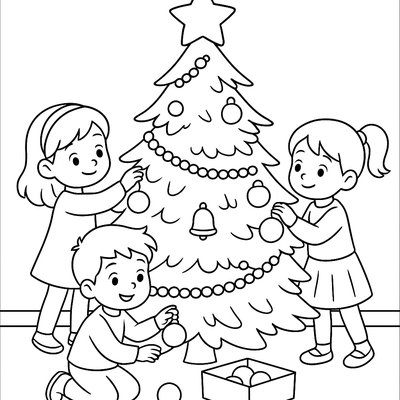 Children Decorating Christmas Tree With Ornaments