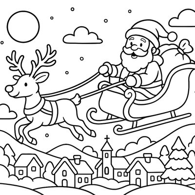 Reindeer Pulling Sleigh Over Snowy Village At Night
