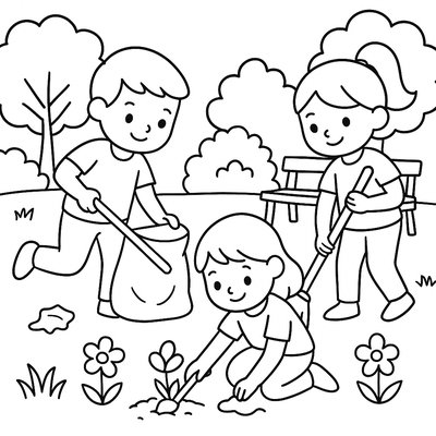 Children Cleaning Up Park And Planting Flowers Together