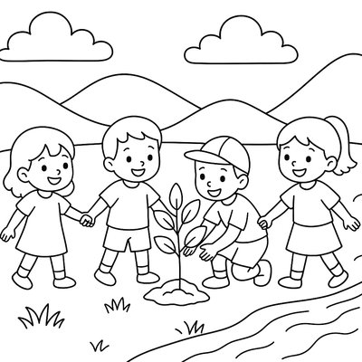 Children Forming A Human Chain To Plant Trees Along A Riverbank
