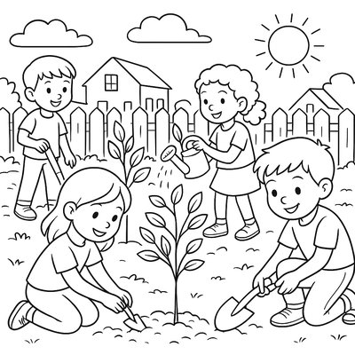 Children Planting A Tree Together In A Park