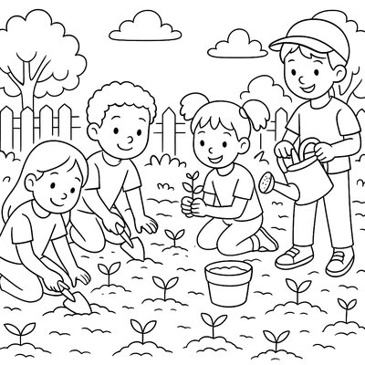 Children Planting Seedlings In Community Garden
