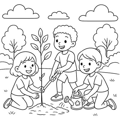 Children Planting Trees On Earth Day