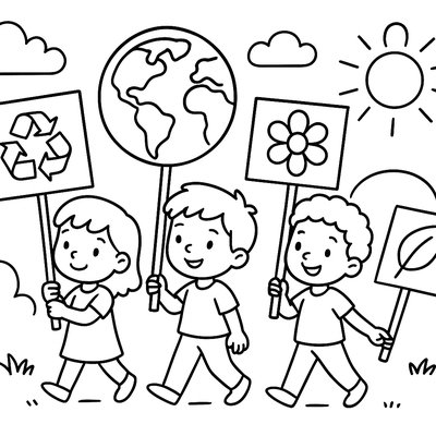 Earth Day Parade With Children Carrying Environmental Signs