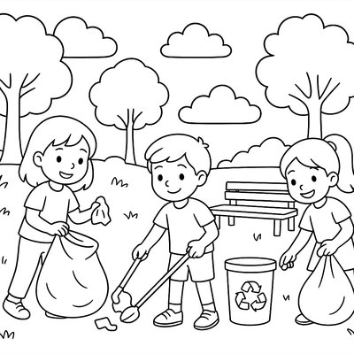 Kids Cleaning Up A Park With Recycling Bins And Trash Bags