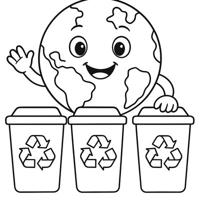 Recycling Bins With Happy Earth Character