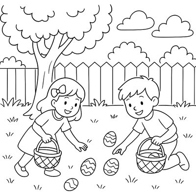 An Easter Egg Hunt Scene In A Backyard