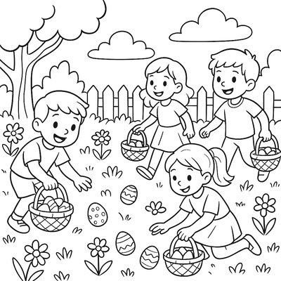 Children Hunting For Easter Eggs In A Garden