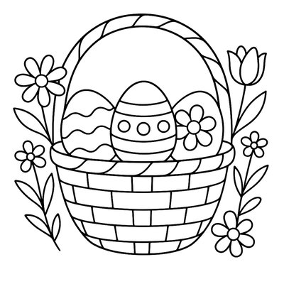 Decorated Easter Eggs In A Wicker Basket With Spring Flowers