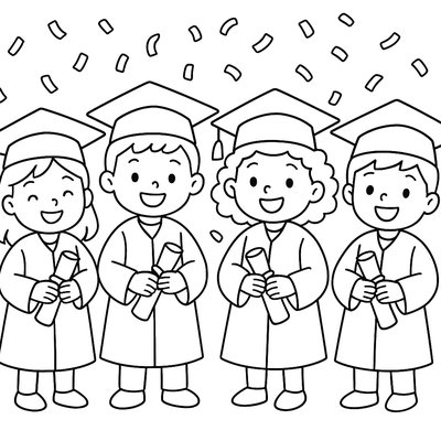 Kindergarten Students In Caps And Gowns Holding Diplomas With Confetti