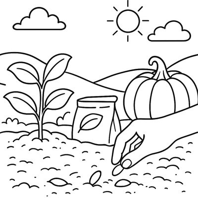 Pumpkin Seeds Being Planted In Spring Garden For Fall Harvest