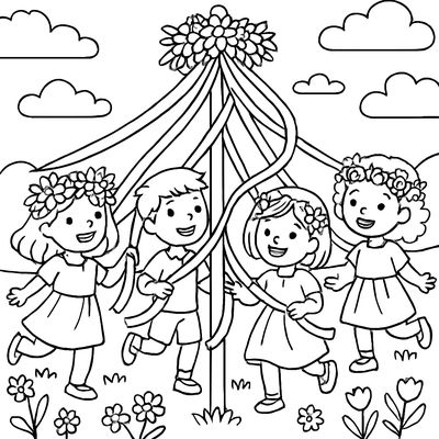 A Joyful Maypole Celebration With Children Holding Colorful Ribbons And Wearing Flower Crowns In A Meadow