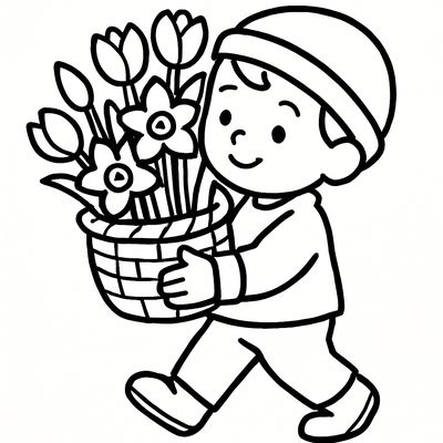 A Young Child Carrying A Woven Basket Overflowing With Fresh Spring Tulips And Daffodils
