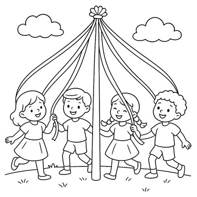 Children Dancing Around A Maypole With Ribbons