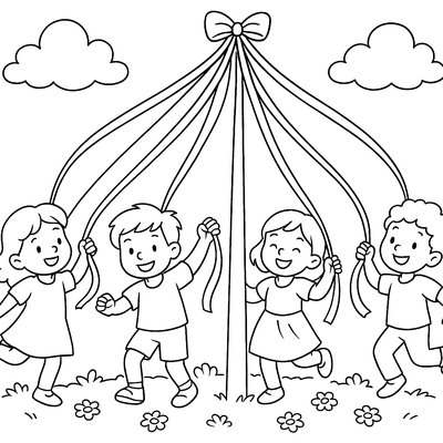 Children Dancing Around May Pole With Flowers