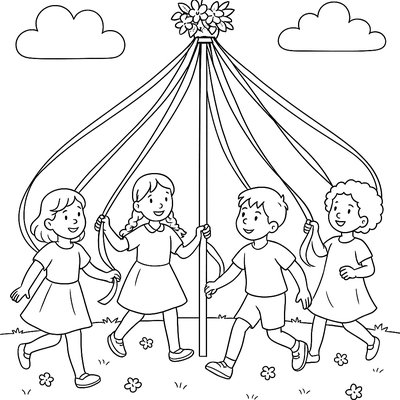 Children Dancing Around Maypole With Spring Ribbons