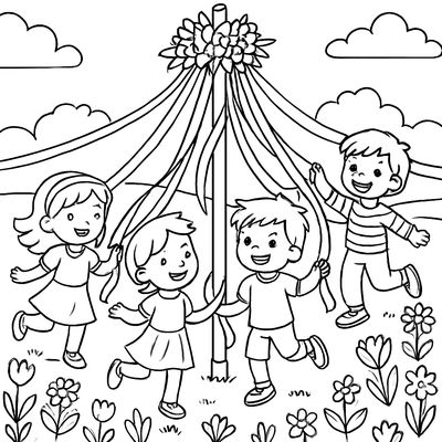 Happy Children Dancing Around A Tall Maypole Decorated With Long Flowing Ribbons And Flowers In A Spring Meadow