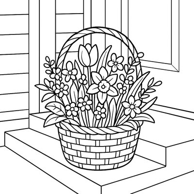 May Basket Filled With Spring Flowers On Doorstep