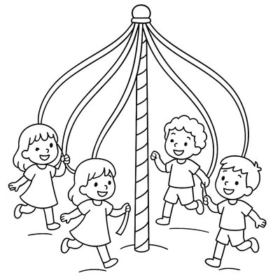 Maypole With Colorful Ribbons And Children Dancing Around It