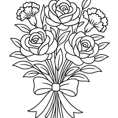A Bouquet Of Roses And Carnations With A Ribbon