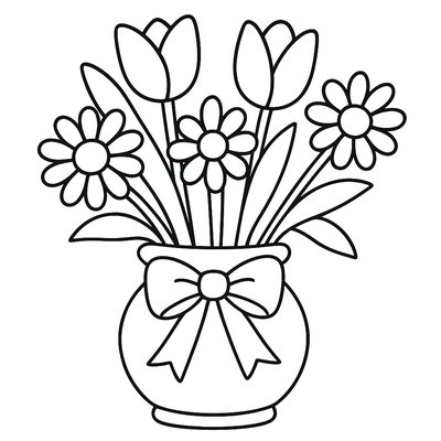 A Bouquet Of Tulips And Daisies In A Vase With A Ribbon
