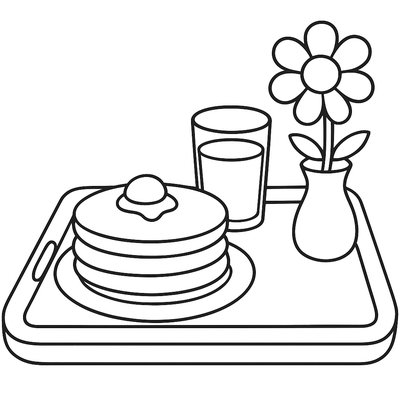 A Breakfast Tray With Pancakes, Juice, And A Flower For Mom