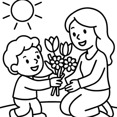 A Child Giving A Bouquet Of Tulips And Daisies To Mom On A Bright Sunny Morning