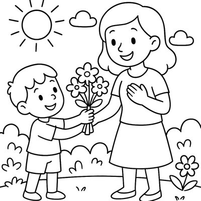 A Child Presenting A Handmade Bouquet To Mom In The Garden