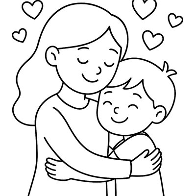 A Mom And Child Hugging With Hearts Floating Around Them
