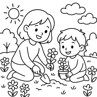 A Mom And Child Planting Flowers Together In A Spring Garden